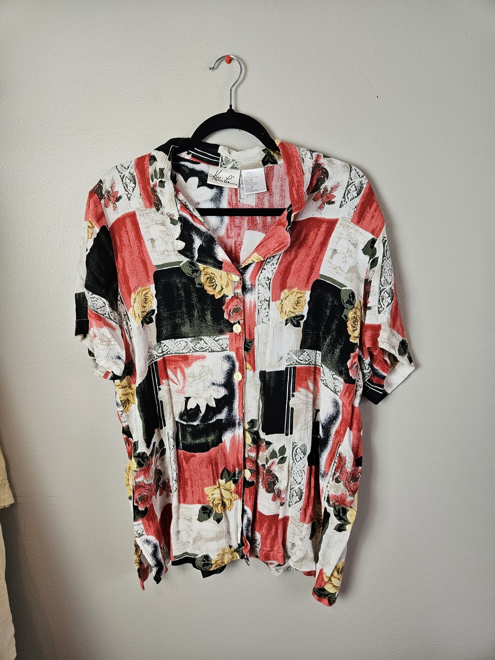 Kathie Lee Collection Floral Patchwork Button-Up Shirt - Red/Black/White/Yellow